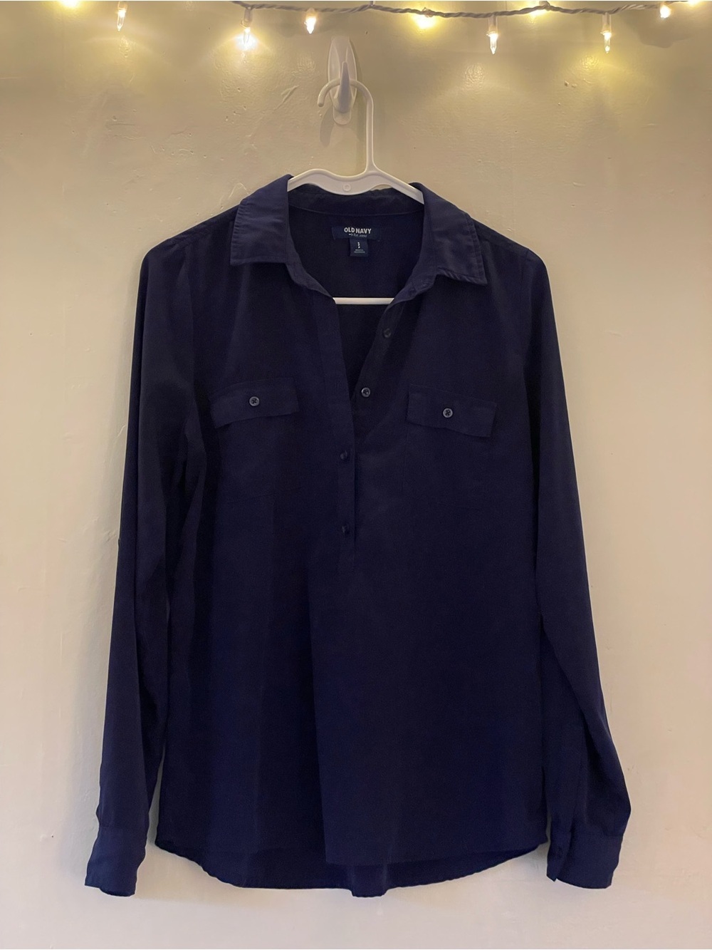 Old Navy Navy Blue Satin Look Button-Down Blouse Classic Office Work Longsleeve - Picture 11 of 11